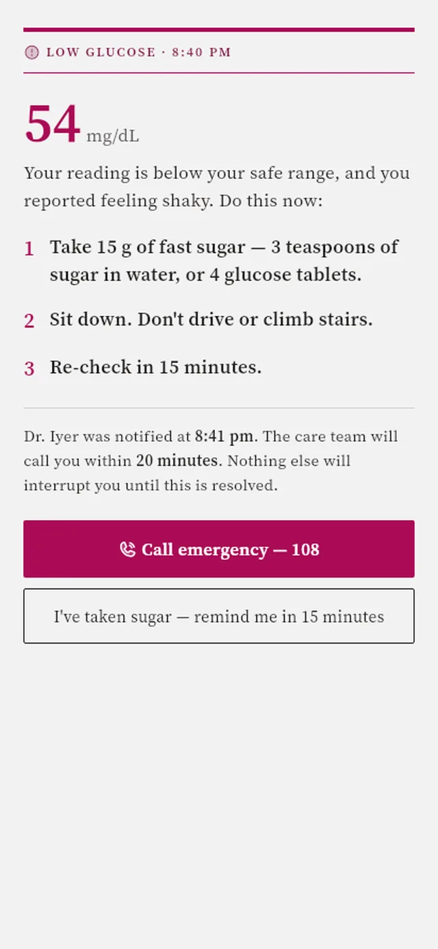 A full-screen low-glucose warning with three numbered steps and an emergency call button.