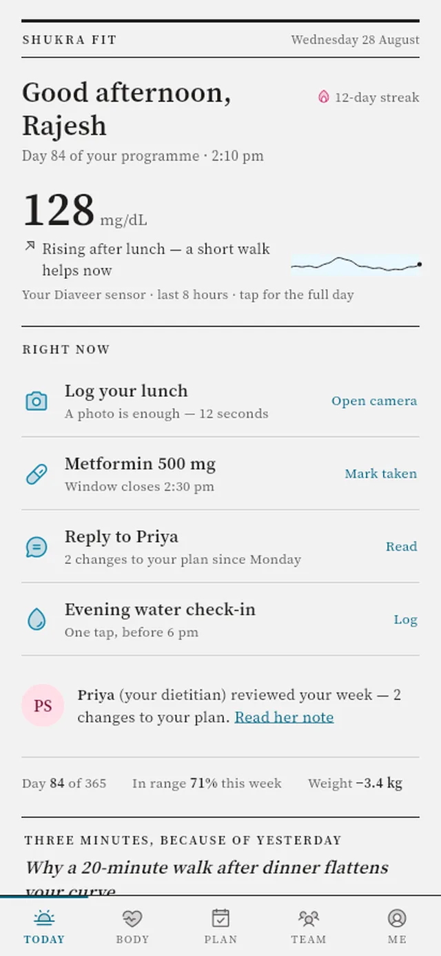 The Shukra Fit app showing today's glucose reading, an eight-hour trace and the day's tasks.